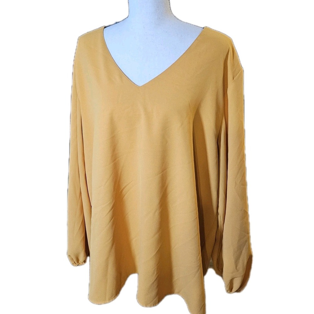 Qearal Women2XL V-Neck Chiffon Tunic Blouse Balloon Sleeve Mustard Yellow Casual